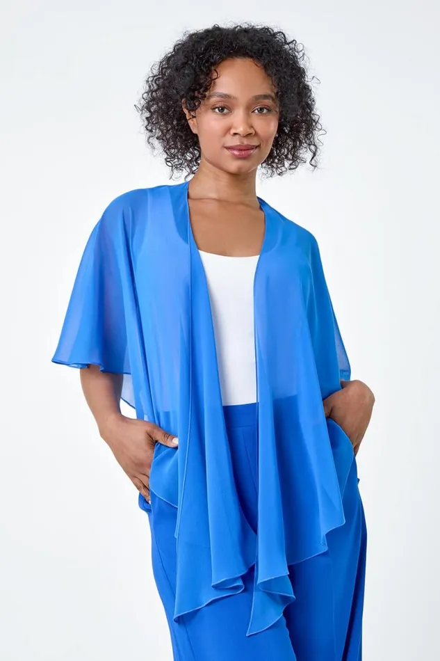 Women Blue Petite Chiffon Drape Cover Up Roman Tops