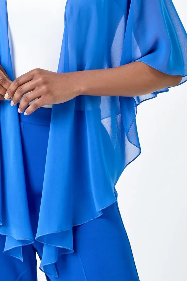 Women Blue Petite Chiffon Drape Cover Up Roman Tops
