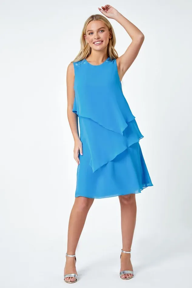 Women Blue Petite Embellished Chiffon Tiered Shift Dress Roman Dresses