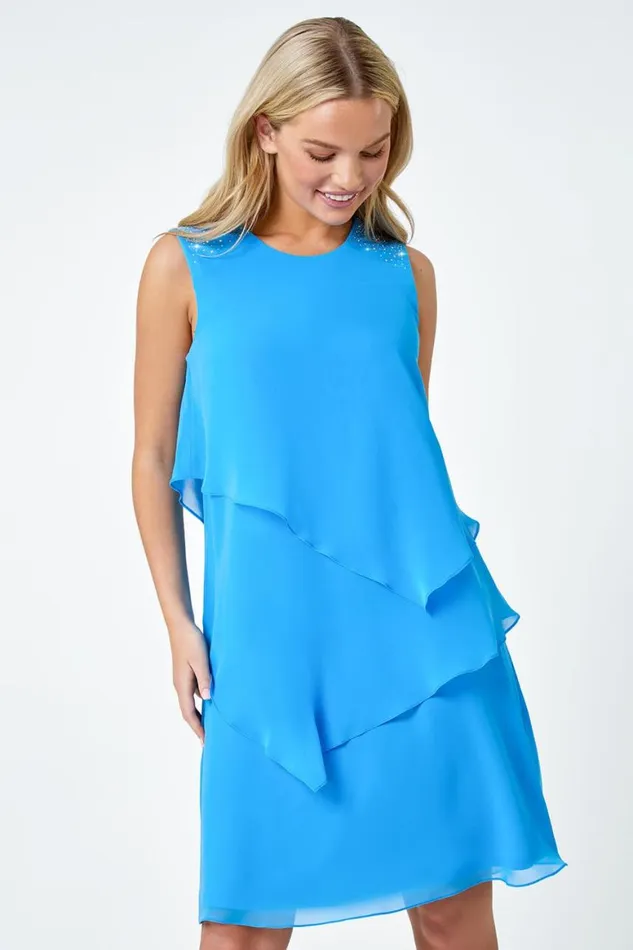 Women Blue Petite Embellished Chiffon Tiered Shift Dress Roman Dresses