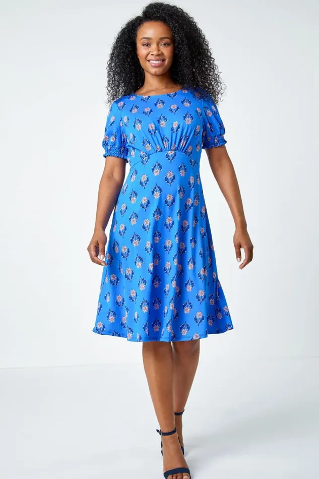 Women Blue Petite Floral Empire Stretch Dress Roman Dresses
