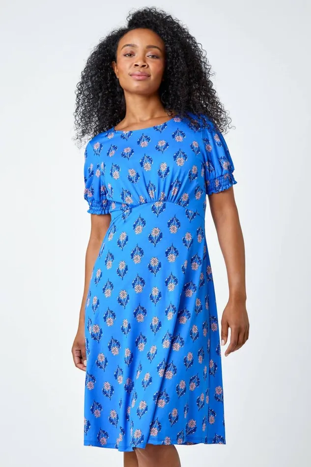 Women Blue Petite Floral Empire Stretch Dress Roman Dresses