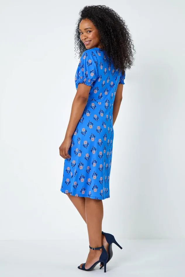 Women Blue Petite Floral Empire Stretch Dress Roman Dresses