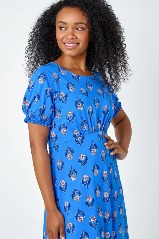 Women Blue Petite Floral Empire Stretch Dress Roman Dresses