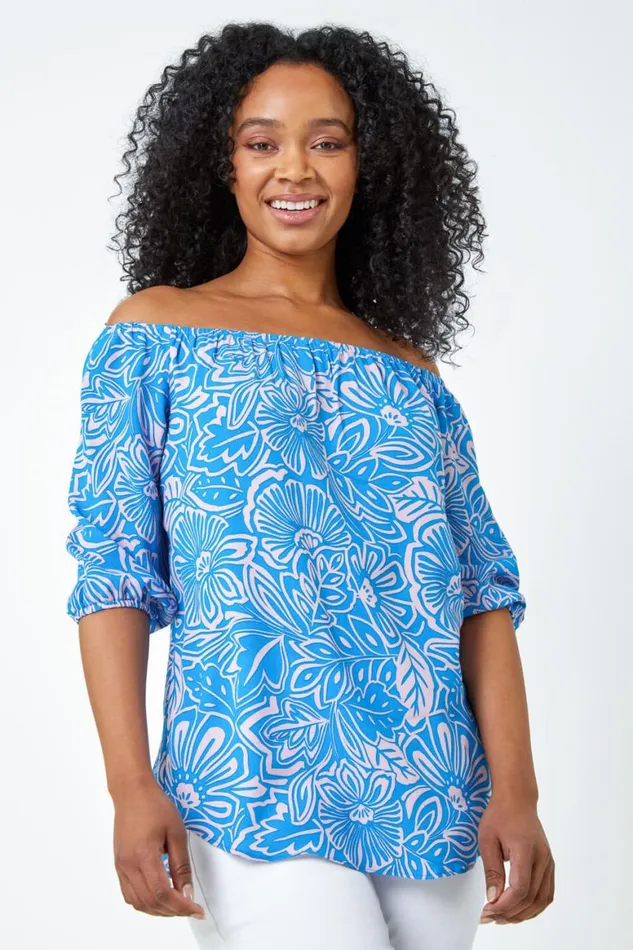 Women Blue Petite Floral Print Bardot Top Roman Tops
