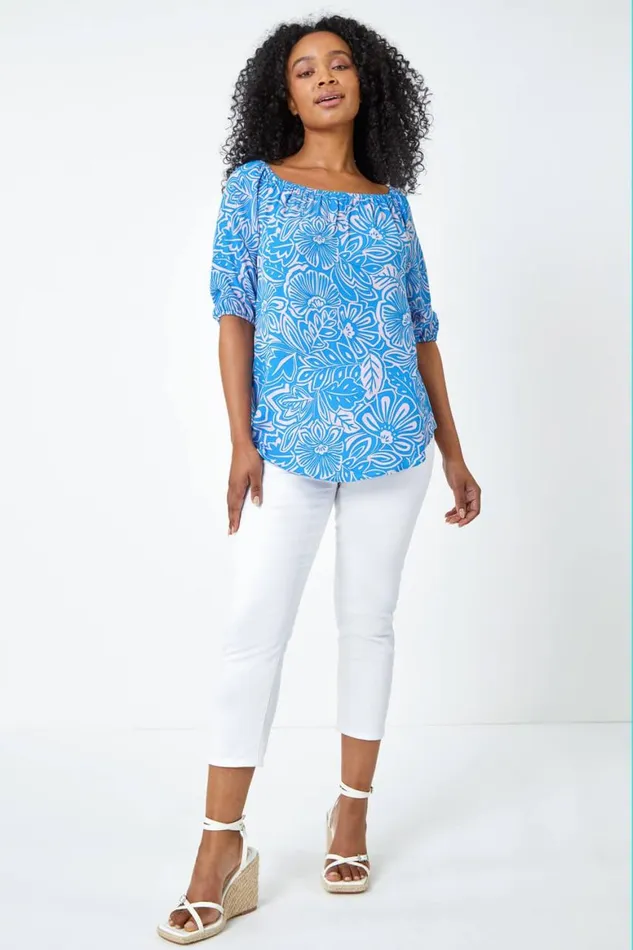 Women Blue Petite Floral Print Bardot Top Roman Tops