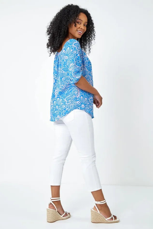 Women Blue Petite Floral Print Bardot Top Roman Tops