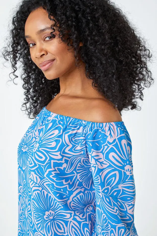 Women Blue Petite Floral Print Bardot Top Roman Tops