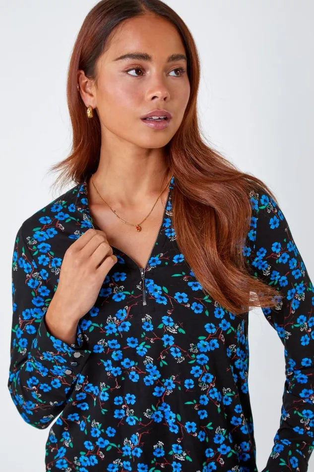 Women Blue Petite Floral Zip Detail Stretch Top Roman Tops