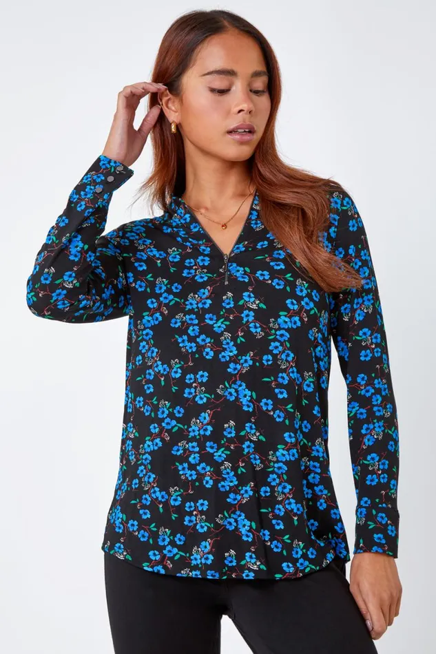 Women Blue Petite Floral Zip Detail Stretch Top Roman Tops