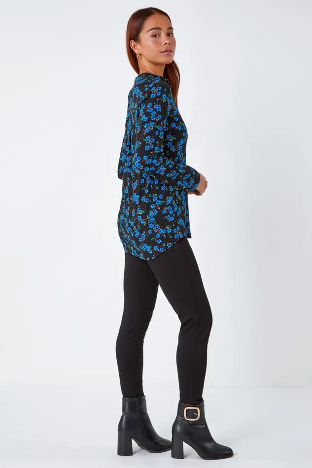 Women Blue Petite Floral Zip Detail Stretch Top Roman Tops