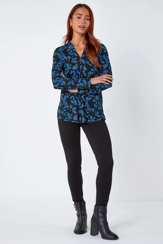 Women Blue Petite Floral Zip Detail Stretch Top Roman Tops