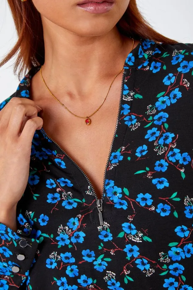 Women Blue Petite Floral Zip Detail Stretch Top Roman Tops