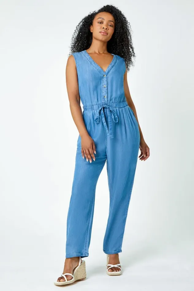 Women Blue Petite Stretch Denim Pocket Jumpsuit Roman Dresses