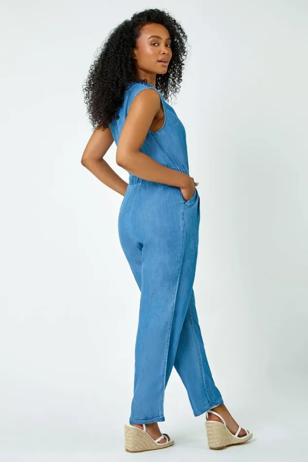 Women Blue Petite Stretch Denim Pocket Jumpsuit Roman Dresses