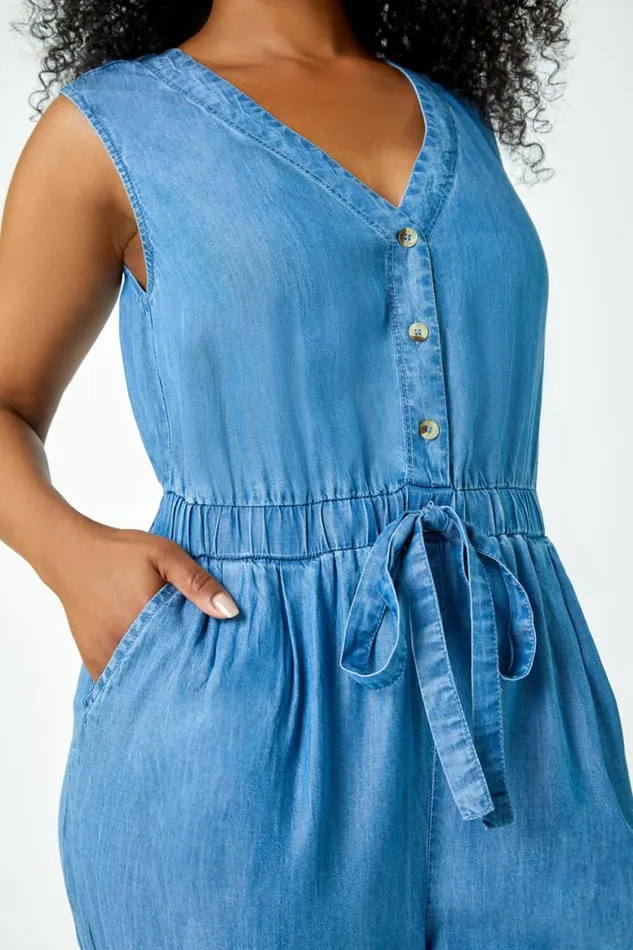 Women Blue Petite Stretch Denim Pocket Jumpsuit Roman Dresses