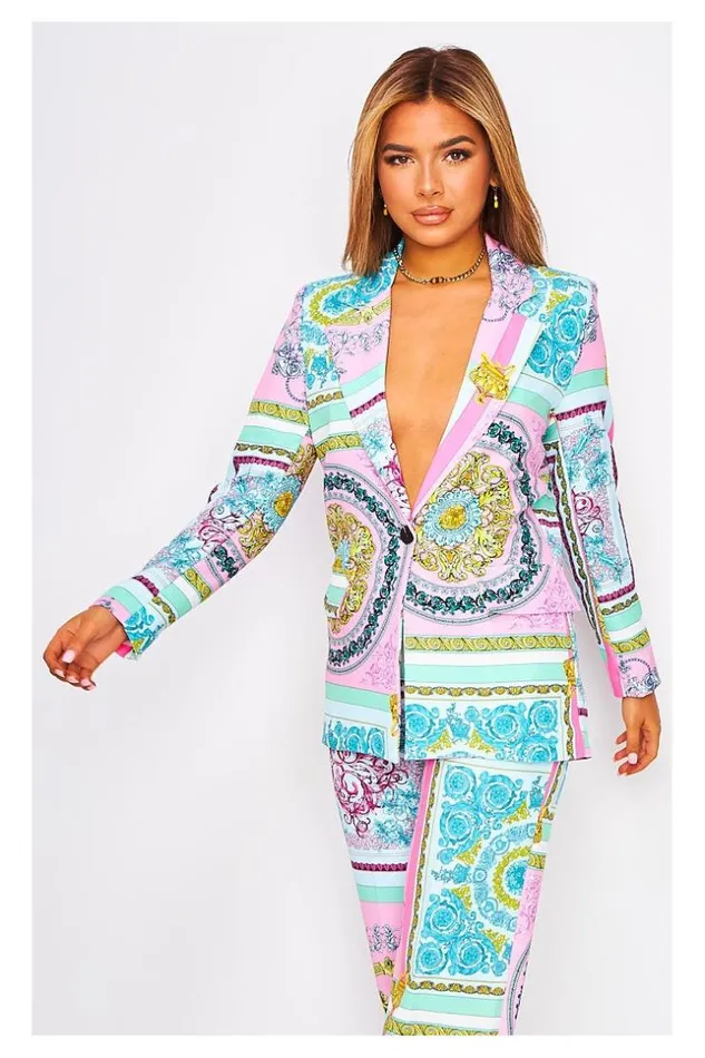 Women Blue Pink Baroque Print Blazer Jacket Blue Brentiny Paris Jackets