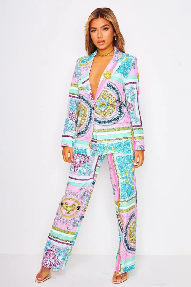 Women Blue Pink Baroque Print Blazer Jacket Blue Brentiny Paris Jackets