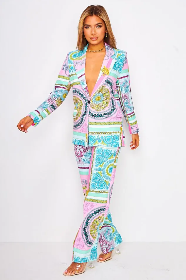 Women Blue Pink Baroque Print Blazer Jacket Blue Brentiny Paris Jackets