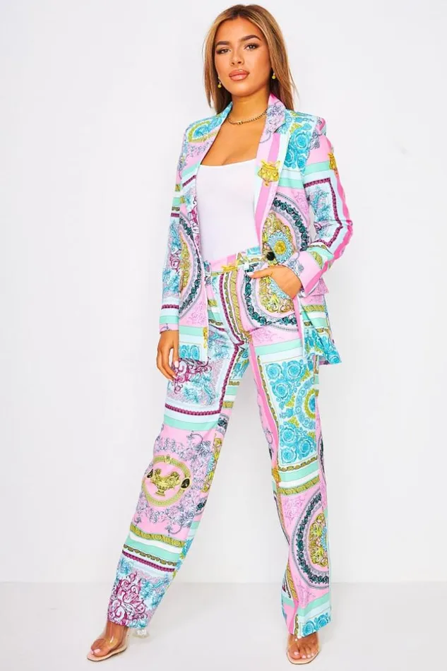 Women Blue Pink Baroque Print Blazer Jacket Blue Brentiny Paris Jackets