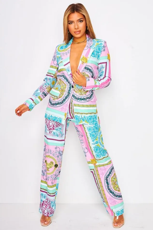 Women Blue Pink Baroque Print Blazer Jacket Blue Brentiny Paris Jackets