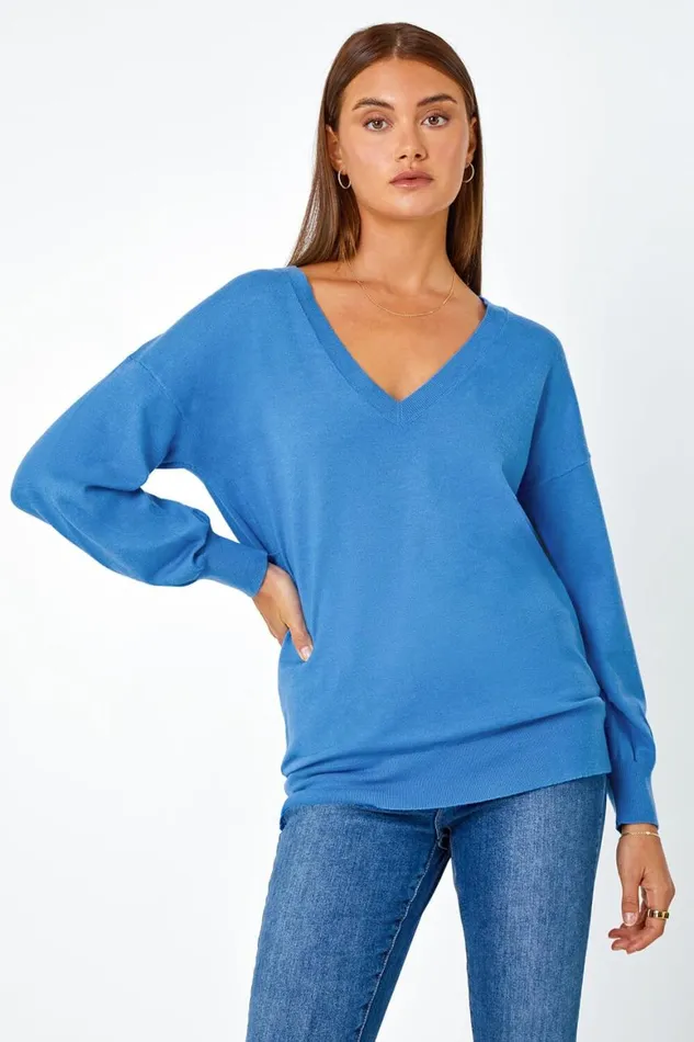 Women Blue Plain Stretch VNeck Longline Jumper Roman Knitwear