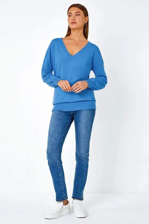 Women Blue Plain Stretch VNeck Longline Jumper Roman Knitwear