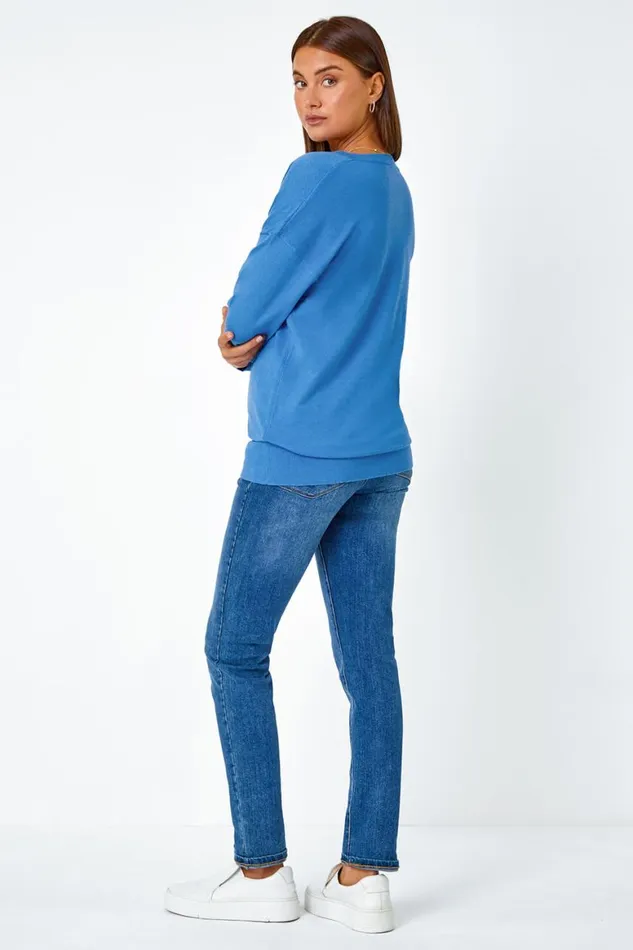 Women Blue Plain Stretch VNeck Longline Jumper Roman Knitwear