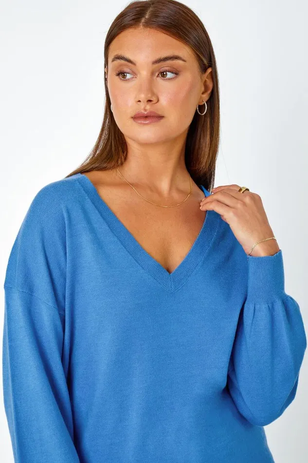 Women Blue Plain Stretch VNeck Longline Jumper Roman Knitwear