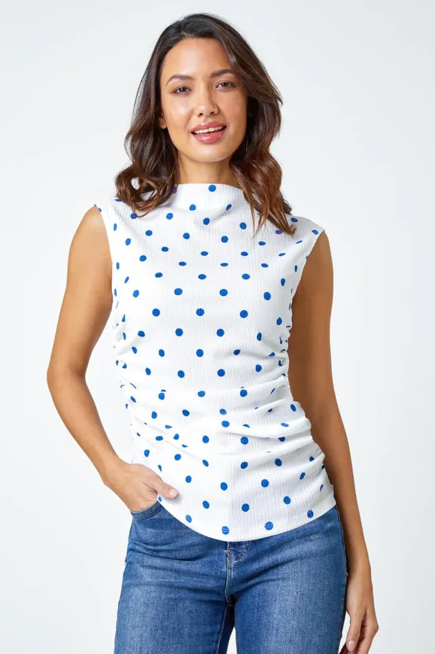 Women Blue Polka Dot Ruched Stretch Top Roman Tops