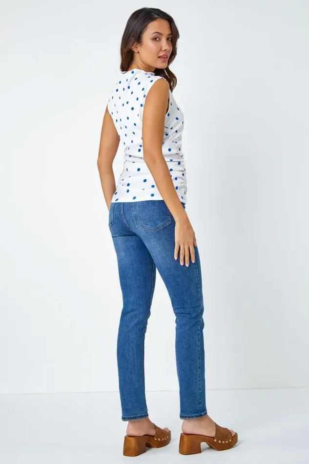 Women Blue Polka Dot Ruched Stretch Top Roman Tops