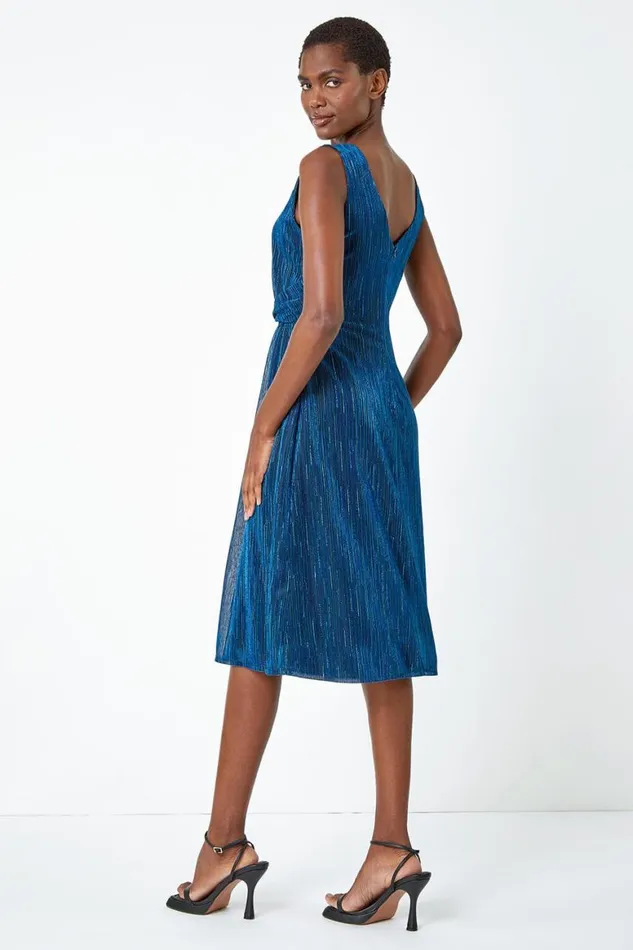 Women Blue Shimmer Plisse Side Twist Dress Roman Dresses