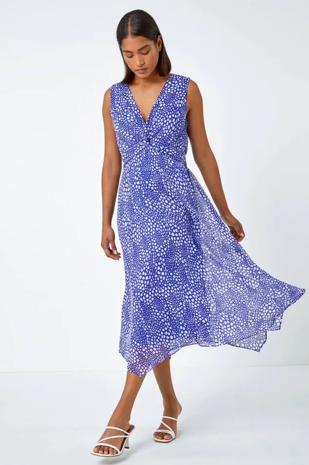 Women Blue Sleeveless Abstract Knot Front Midi Dress Roman Dresses