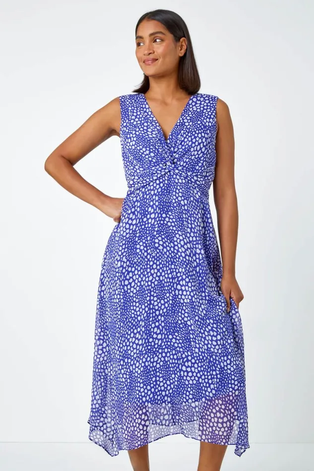 Women Blue Sleeveless Abstract Knot Front Midi Dress Roman Dresses