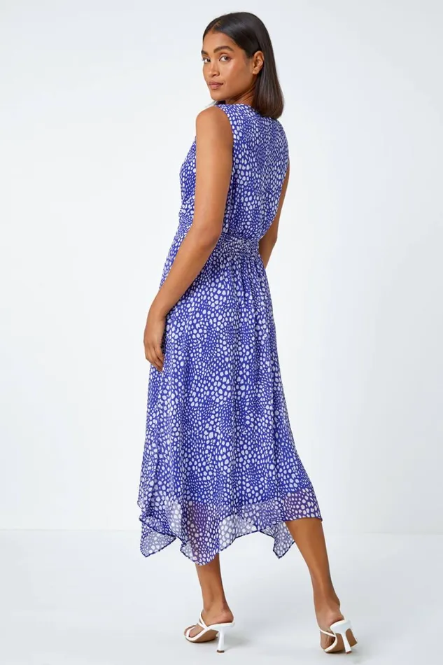 Women Blue Sleeveless Abstract Knot Front Midi Dress Roman Dresses