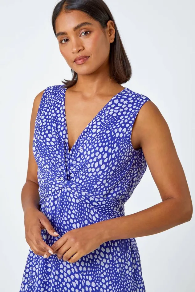 Women Blue Sleeveless Abstract Knot Front Midi Dress Roman Dresses