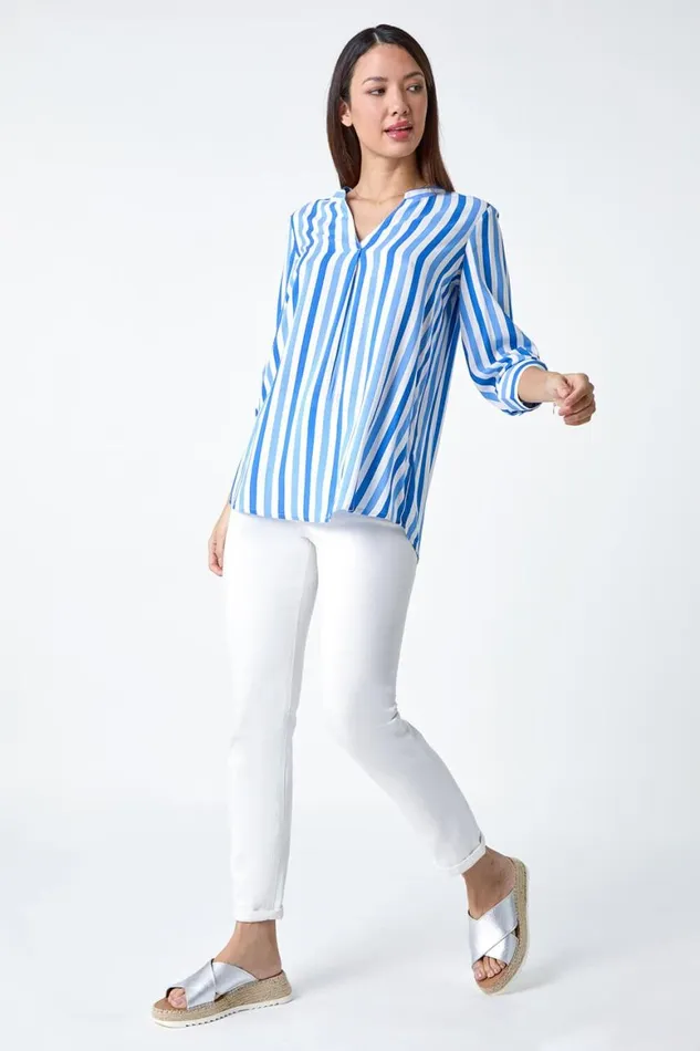 Women Blue Stripe Print VNeck Pleat Detail Top Roman Tops