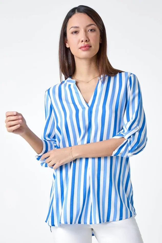 Women Blue Stripe Print VNeck Pleat Detail Top Roman Tops