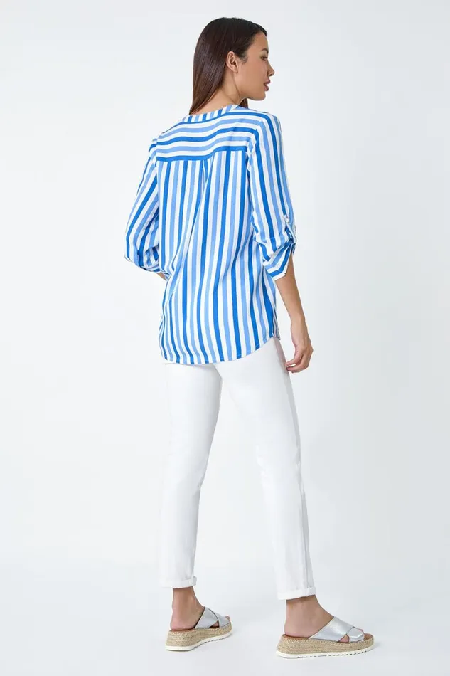 Women Blue Stripe Print VNeck Pleat Detail Top Roman Tops