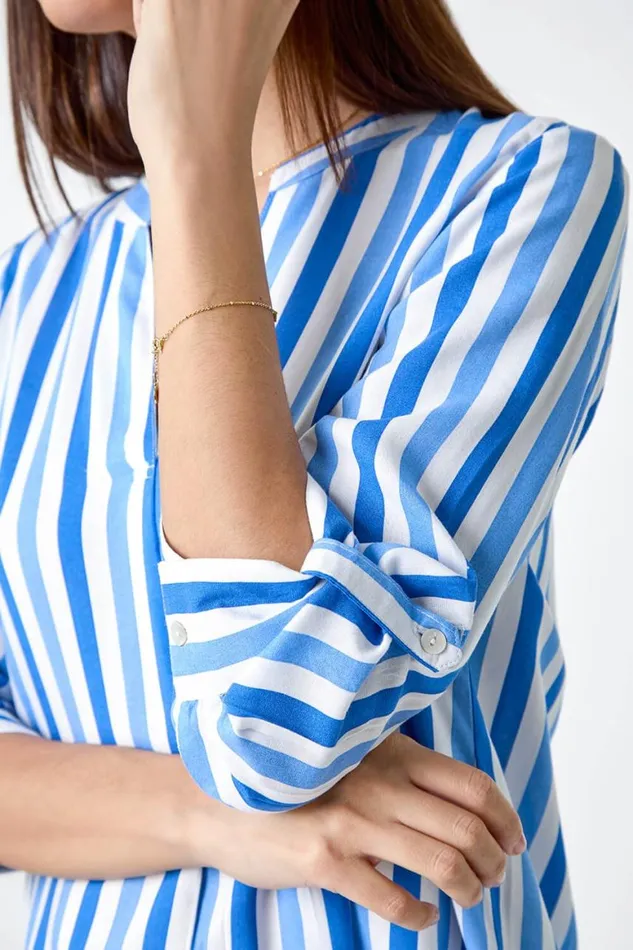 Women Blue Stripe Print VNeck Pleat Detail Top Roman Tops
