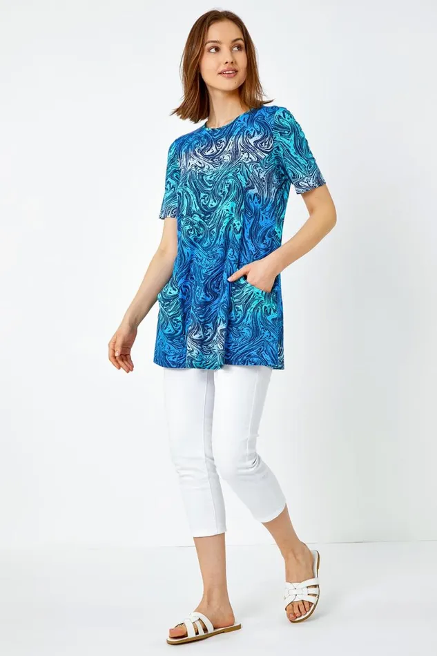 Women Blue Swirl Print Stretch Tunic Pocket Top Roman Tops