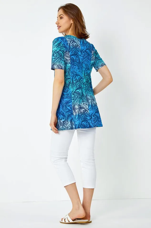 Women Blue Swirl Print Stretch Tunic Pocket Top Roman Tops
