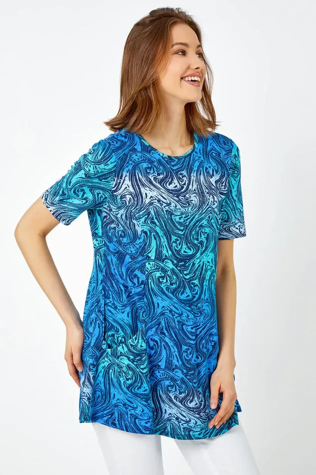 Women Blue Swirl Print Stretch Tunic Pocket Top Roman Tops