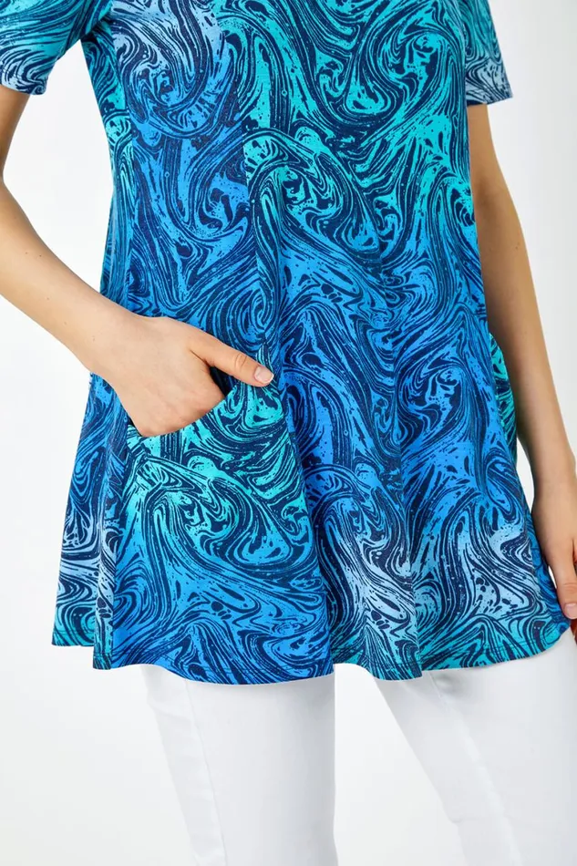 Women Blue Swirl Print Stretch Tunic Pocket Top Roman Tops