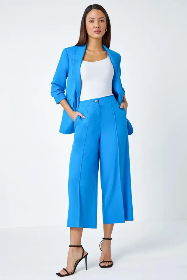 Women Blue Tailored Stretch Cropped Culottes Roman Occasionwear