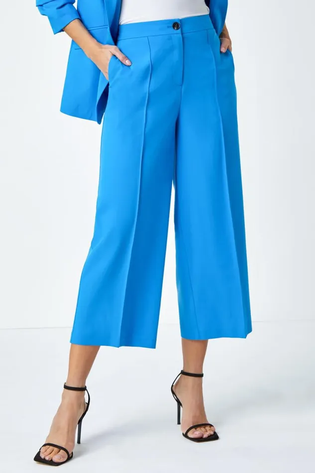 Women Blue Tailored Stretch Cropped Culottes Roman Occasionwear