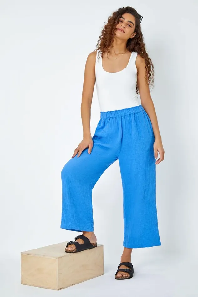 Women Blue Textured Cotton Elastic Waist Culotte Trousers Roman Trousers