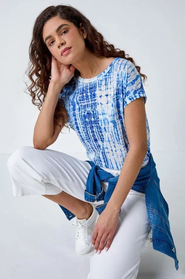 Women Blue Textured Tie Dye Cocoon Top Roman Tops