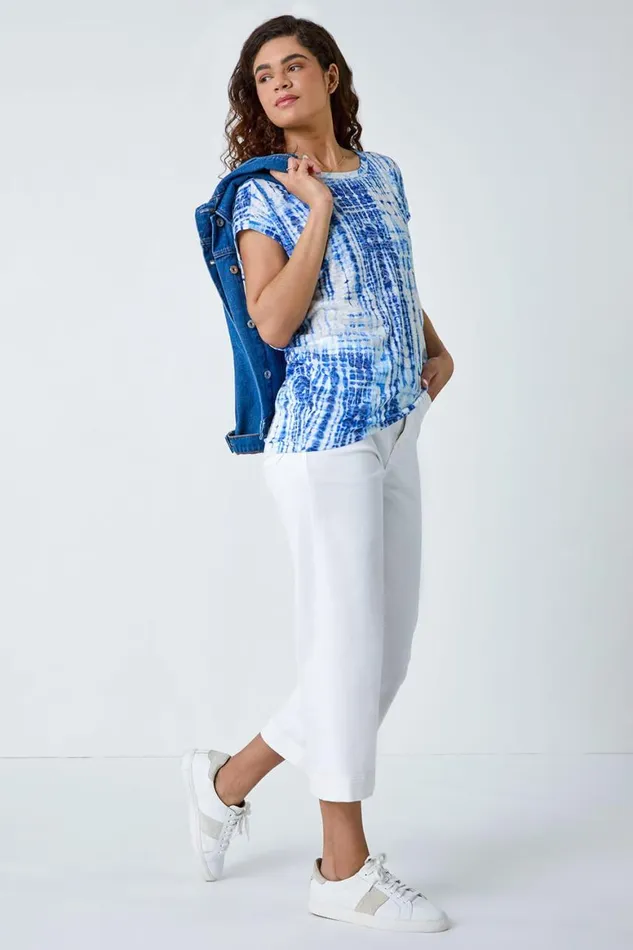 Women Blue Textured Tie Dye Cocoon Top Roman Tops