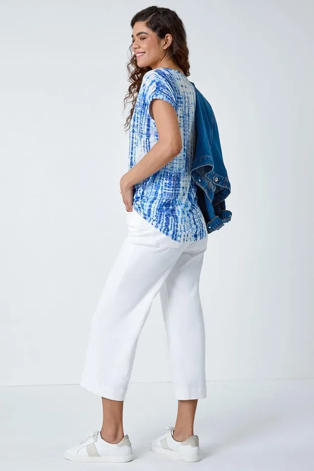 Women Blue Textured Tie Dye Cocoon Top Roman Tops